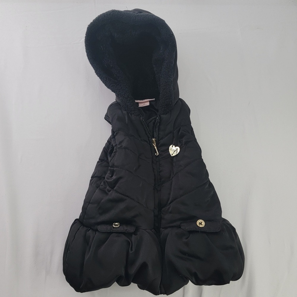 Juicy Couture Black W Gold Hardware Hooded Puffer‎ Vest Girls Size 3T fuax fur